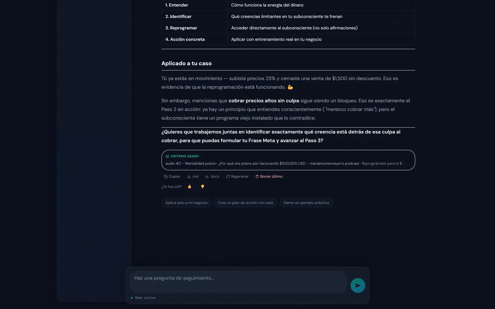Agente IA respondiendo con el método del curso y citando la lección exacta