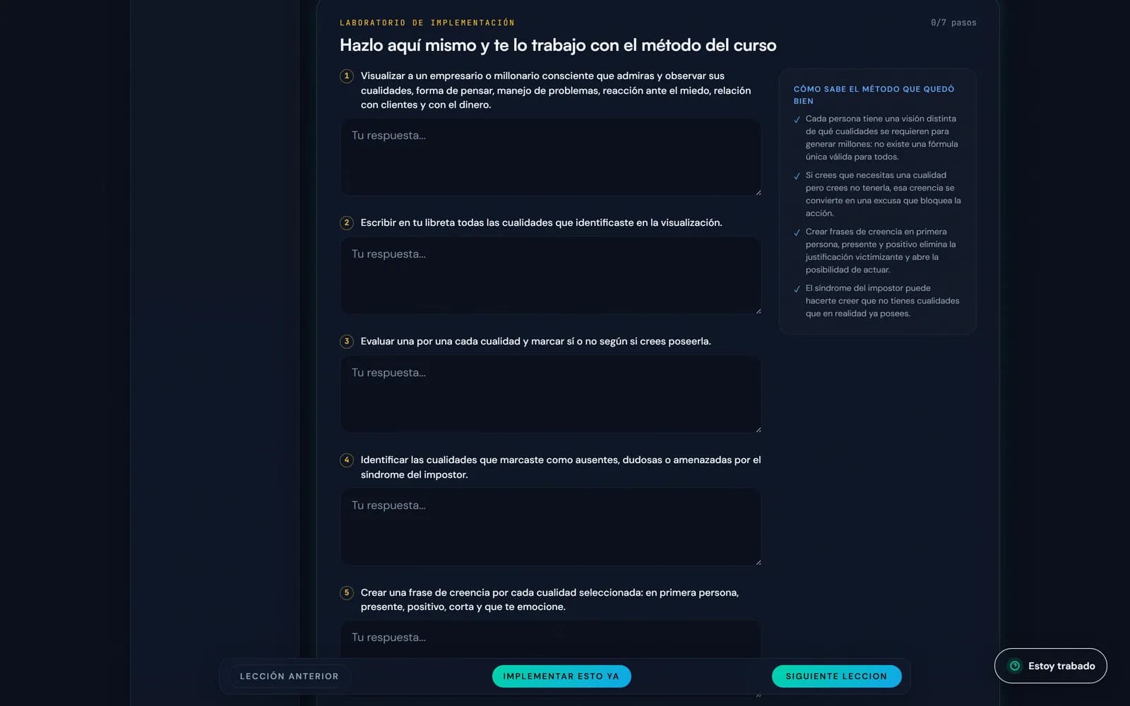 Workbook interactivo: el alumno responde y la IA lo trabaja con el criterio del curso