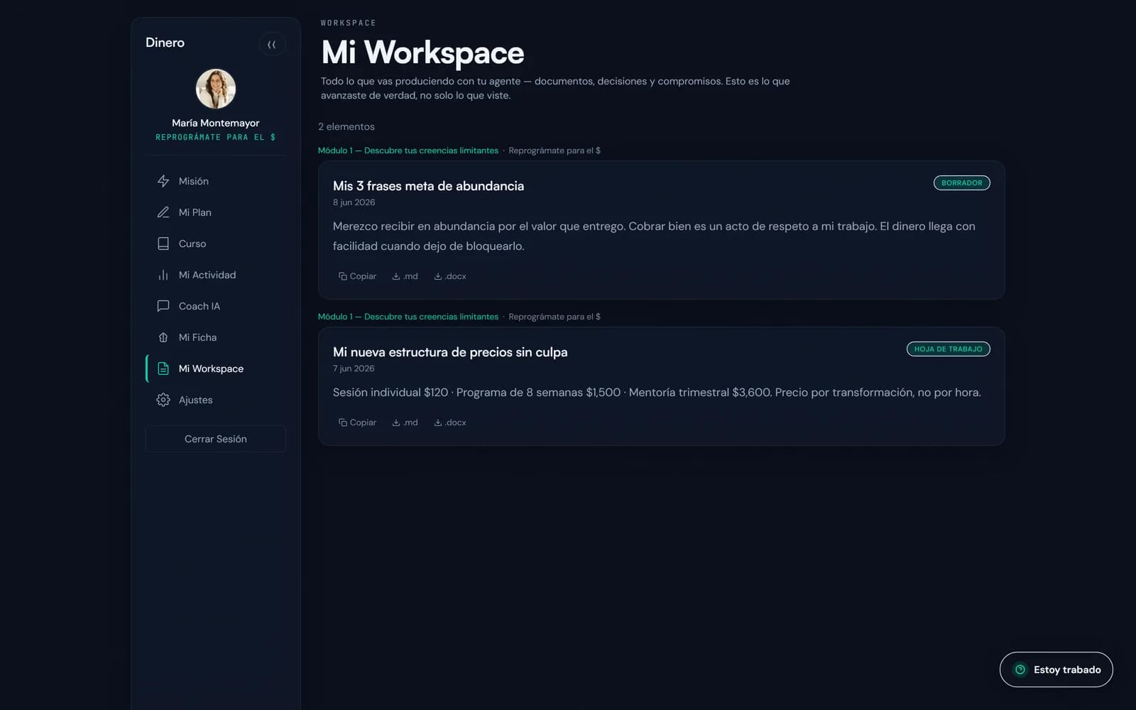 Workspace del alumno con los entregables producidos con el método del curso